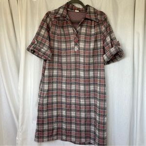 Vintage 60s Soft Gray and Pink Plaid Collared Dress